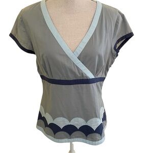 Boden Grey/Blue Appliquéd  Cotton Surplice Blouse 12